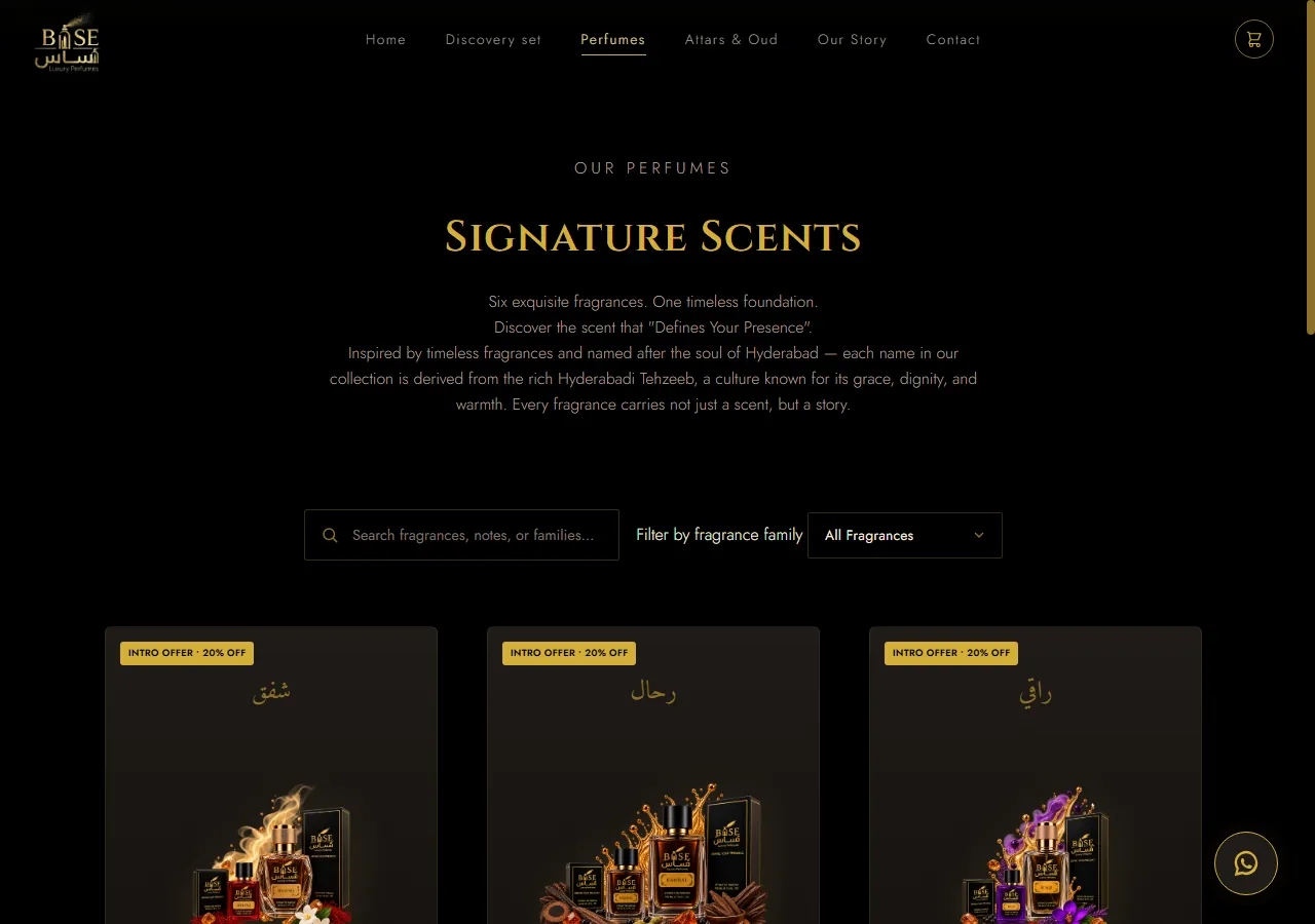 Base Fragrances perfume collection with search and filtering